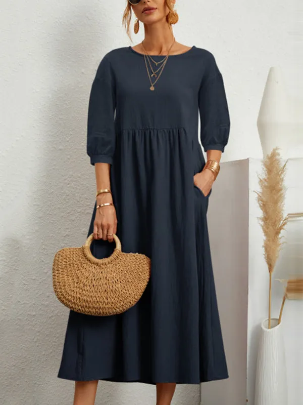 11 Colors Simple Round-Neck Solid Color Midi Dress