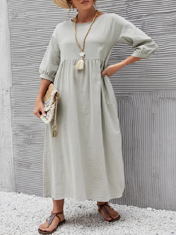 11 Colors Simple Round-Neck Solid Color Midi Dress