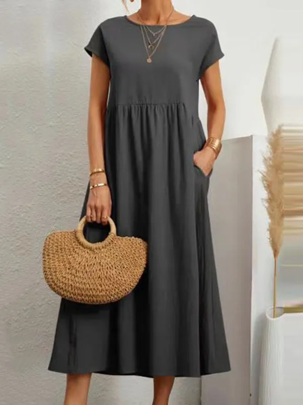 11 Colors Simple Round-Neck Solid Color Midi Dress