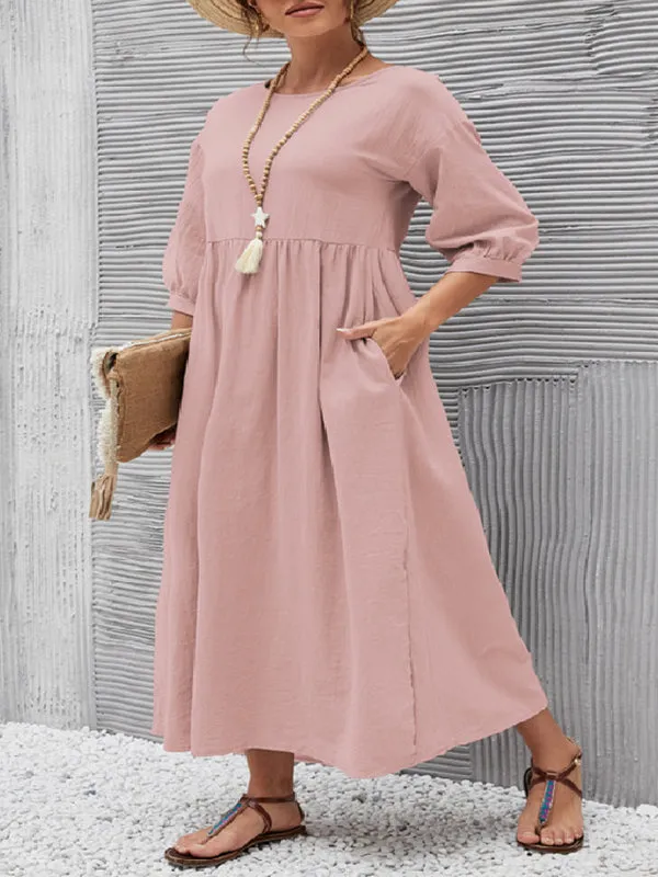 11 Colors Simple Round-Neck Solid Color Midi Dress