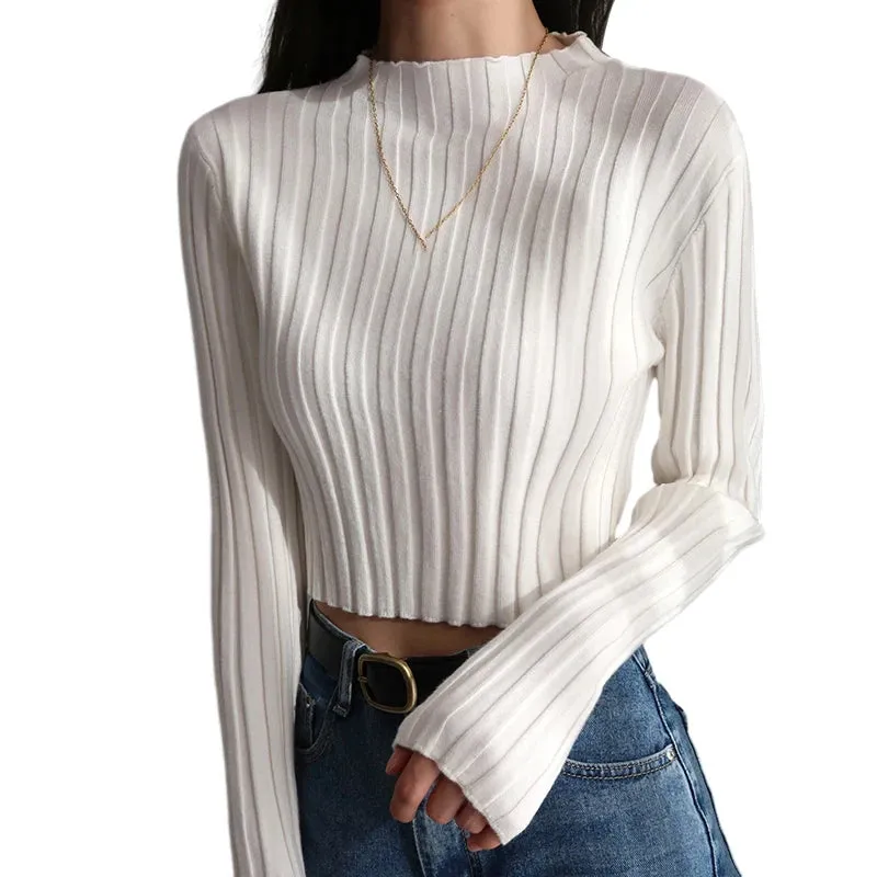 American Retro Stand Collar Solid Color Simple Slim Fit Fashion Short Knitted Long-sleeved Sweater