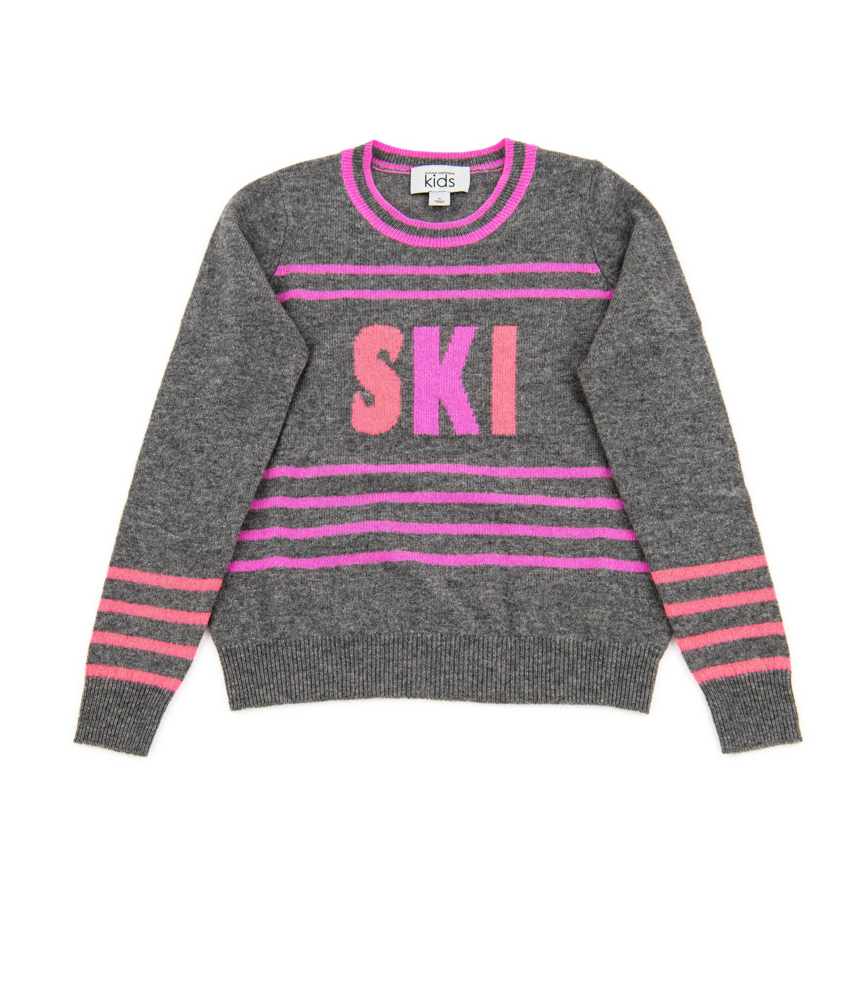 Autumn Cashmere Girls Grey/Pink Striped Ski Crew Sweater