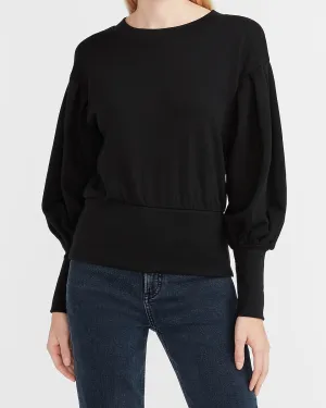 Balloon Sleeve Banded Bottom Fleece Sweatshirt in Pitch Black