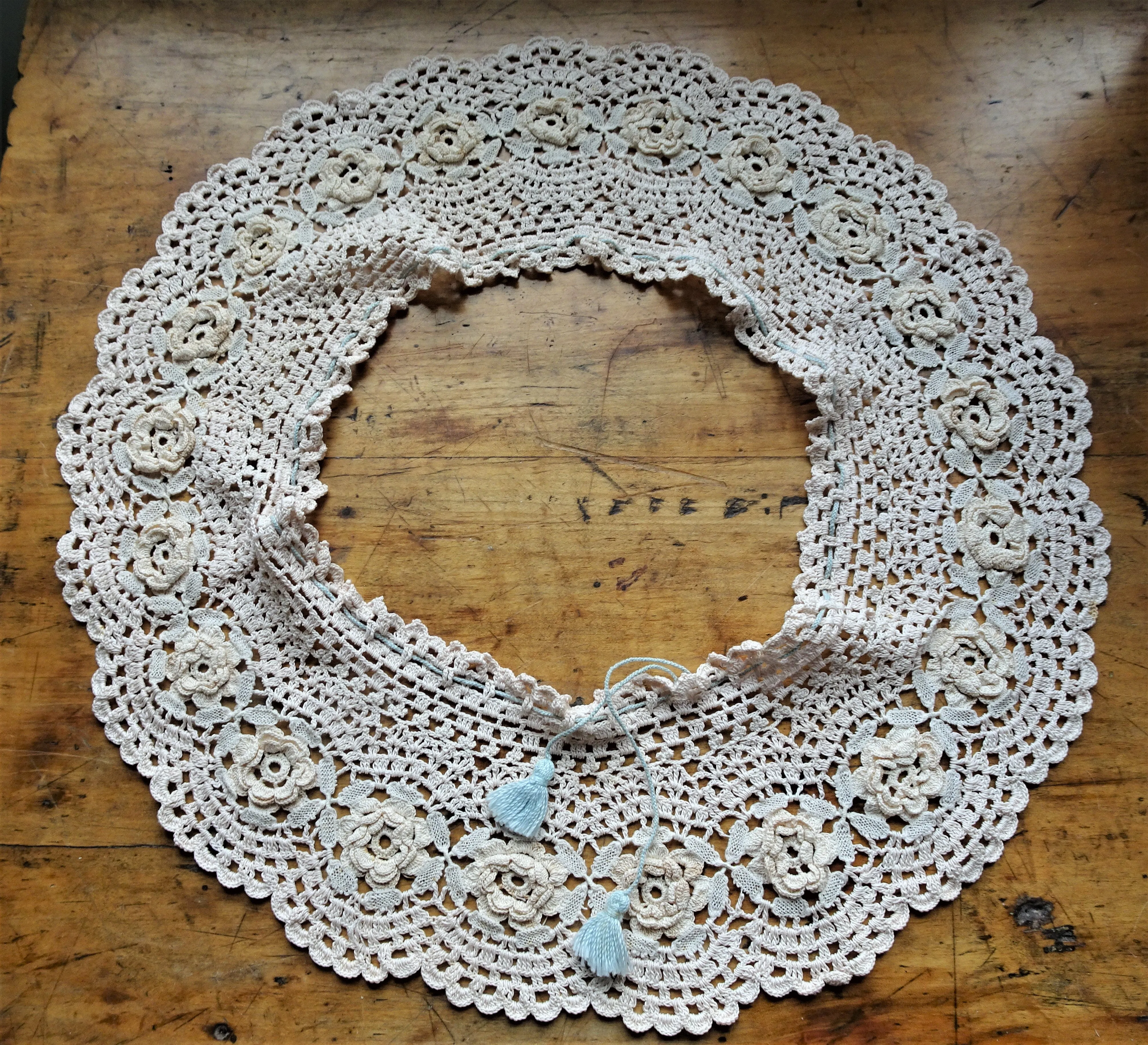 BEAUTIFUL Large Irish Crochet Lace Collar, Very Pale Baby Pink, Lovely Unique Hand Work, Heirloom Sewing, Collectible Vintage Collars