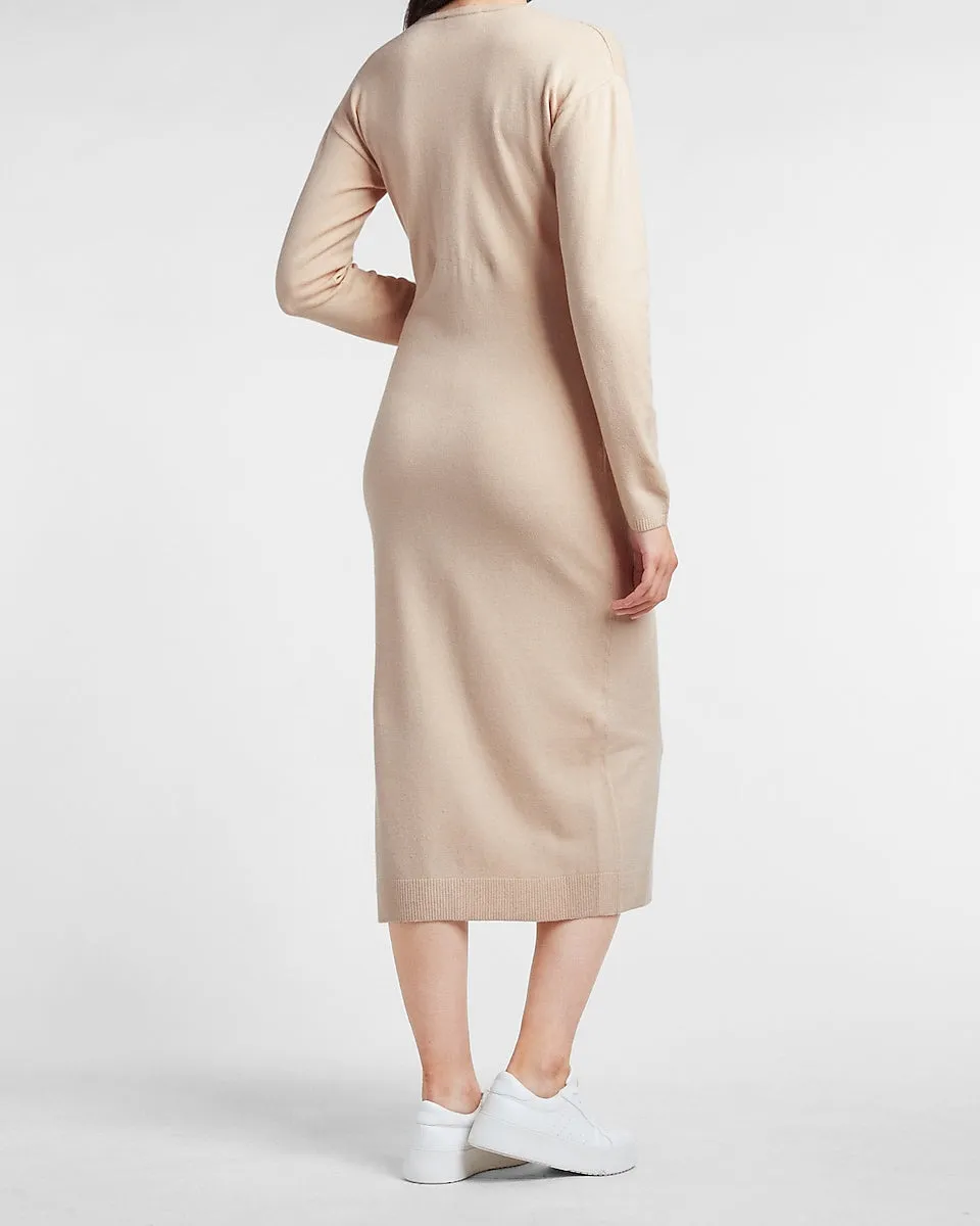 Belted Wrap Front Midi Sweater Dress in Oyster