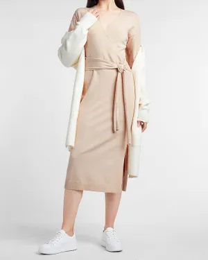 Belted Wrap Front Midi Sweater Dress in Oyster