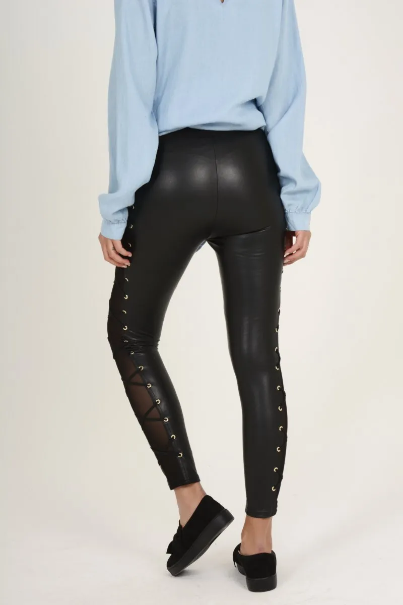 Black Mesh Sides Wet look Leggings - Alana