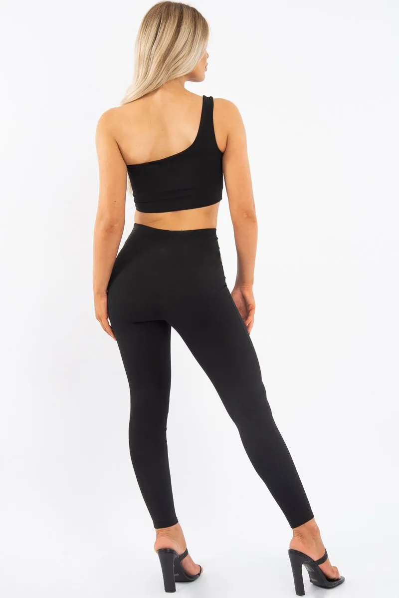 Black One Shoulder Crop Top and Leggings Co-Ord - Marrie