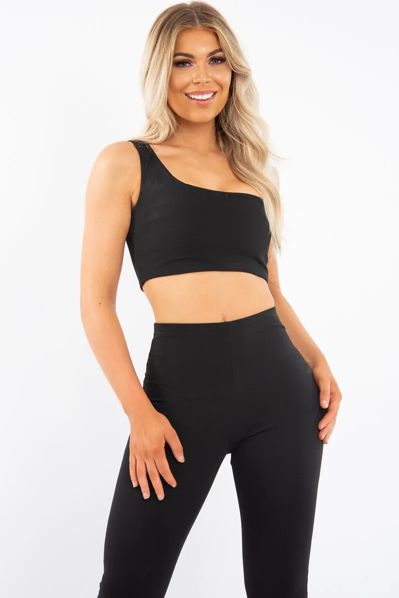 Black One Shoulder Crop Top and Leggings Co-Ord - Marrie