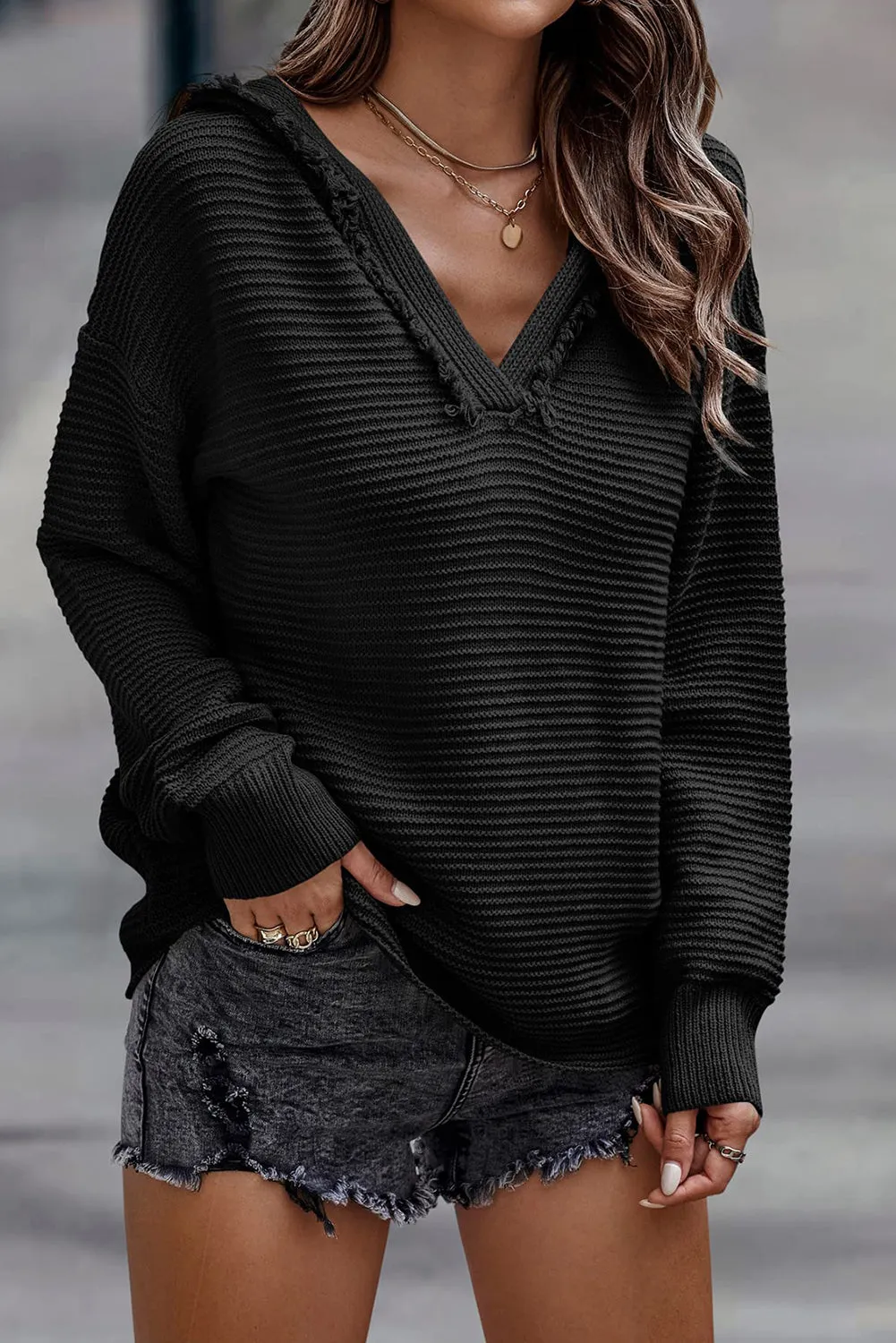 Black V Neck Ribbed Drop Shoulder Hooded Sweater