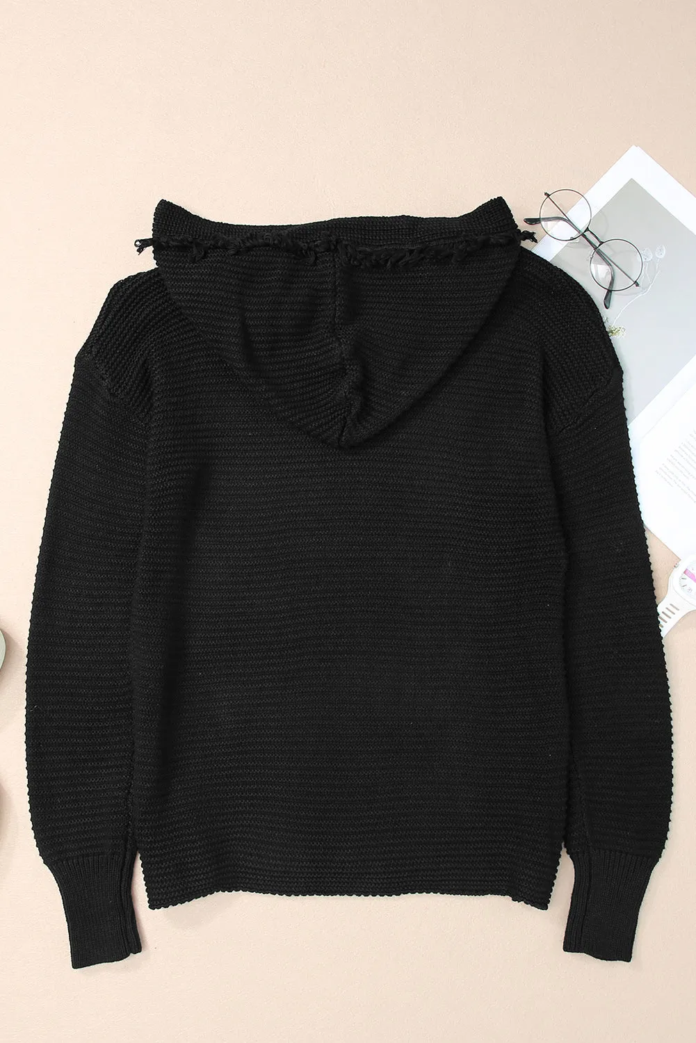 Black V Neck Ribbed Drop Shoulder Hooded Sweater