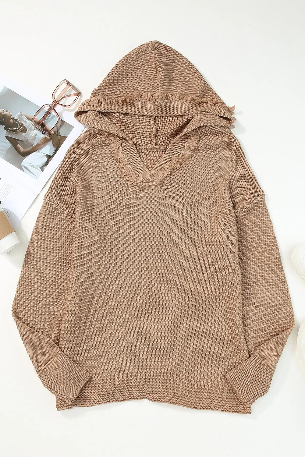 Black V Neck Ribbed Drop Shoulder Hooded Sweater