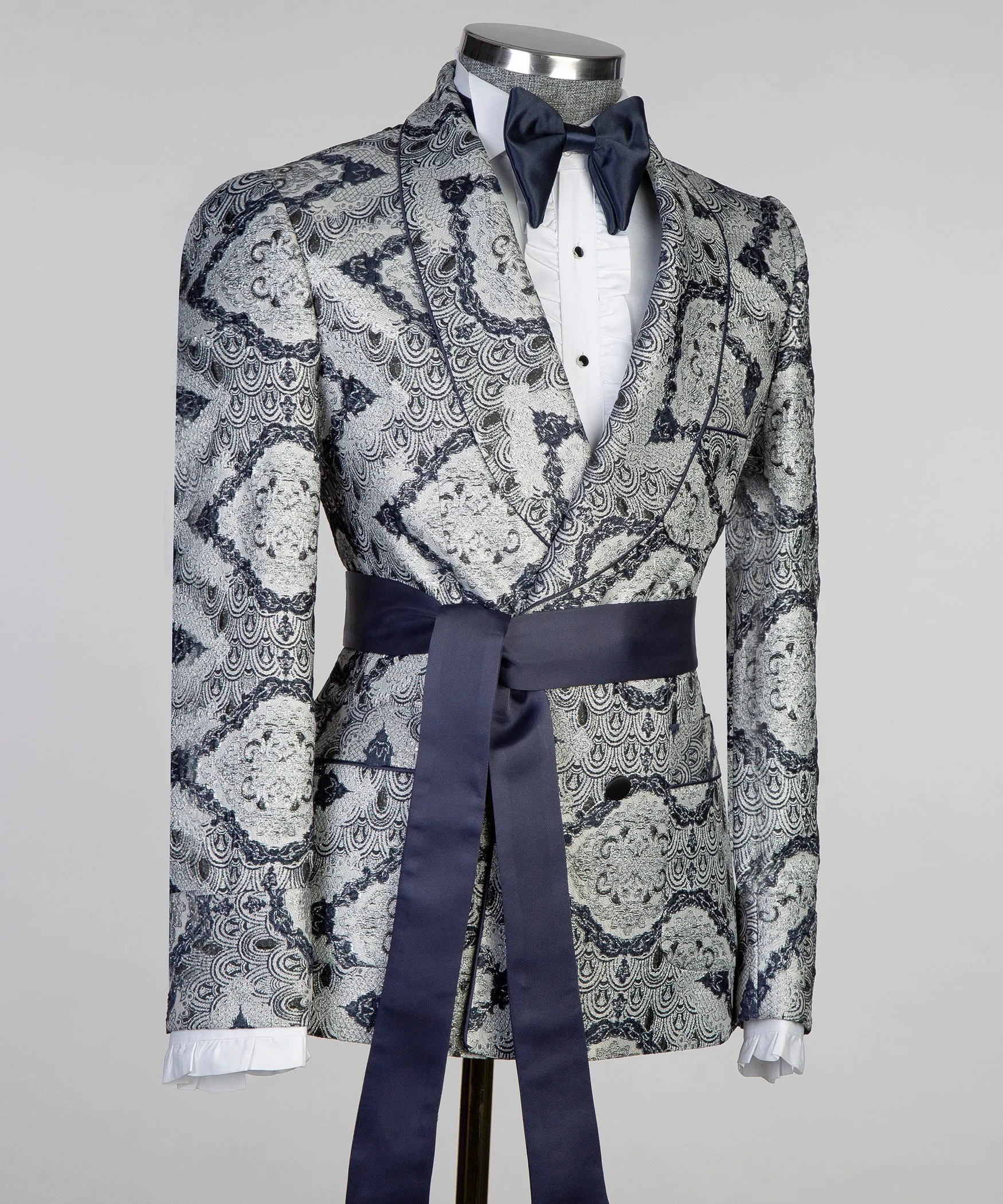 Blend Jacquard Belted Suit with Satin Sash