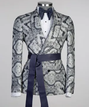 Blend Jacquard Belted Suit with Satin Sash