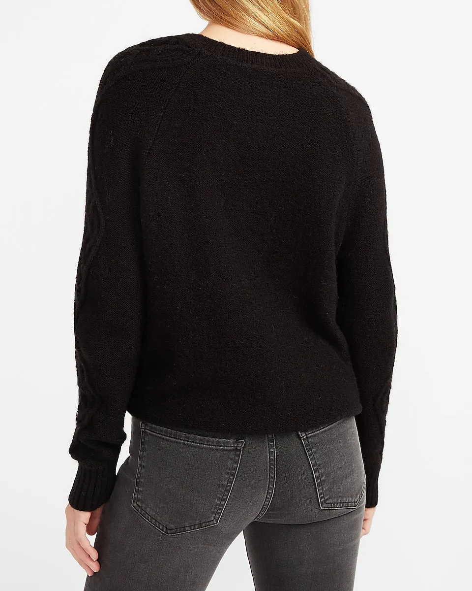 Cable Knit Open Stitch Crew Neck Sweater in Pitch Black