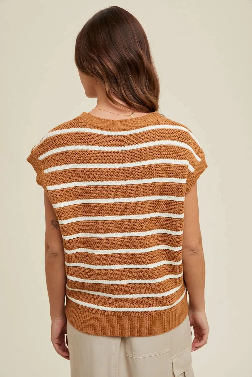 Camel   Ivory Striped Sweater Vest