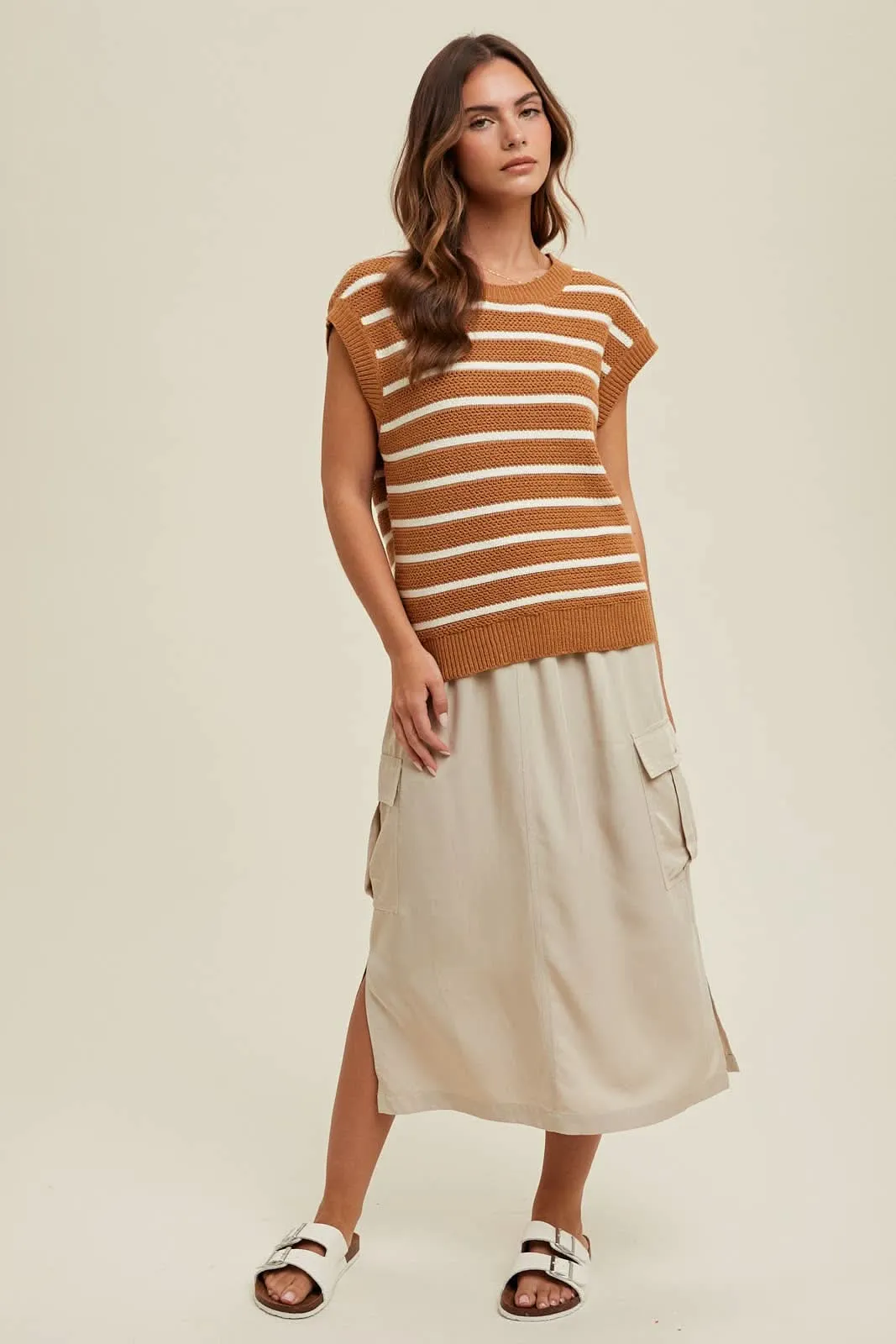 Camel   Ivory Striped Sweater Vest