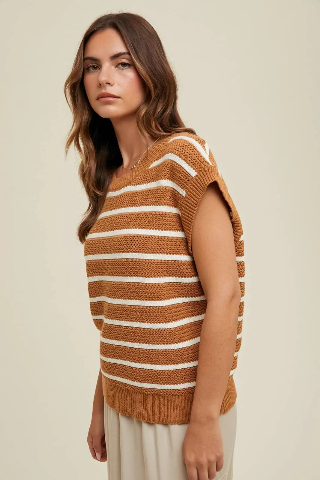 Camel   Ivory Striped Sweater Vest