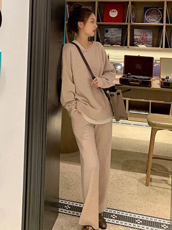 Casual Loose Solid Color Round-Neck Sweater Tops & Wide Leg Pants Suits