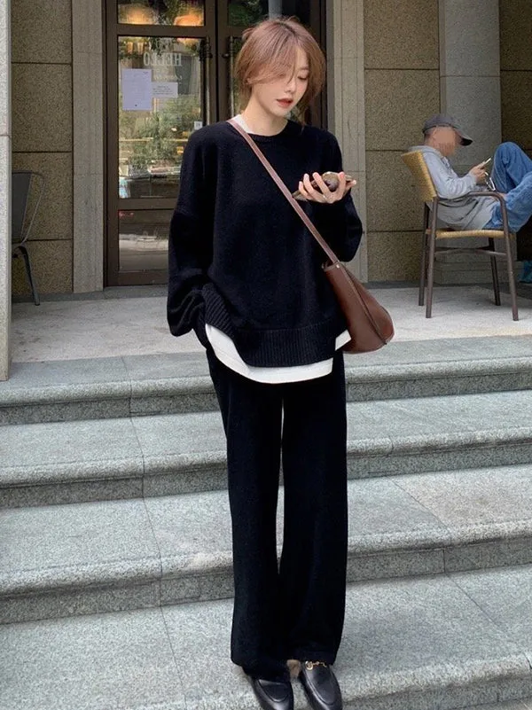 Casual Loose Solid Color Round-Neck Sweater Tops & Wide Leg Pants Suits