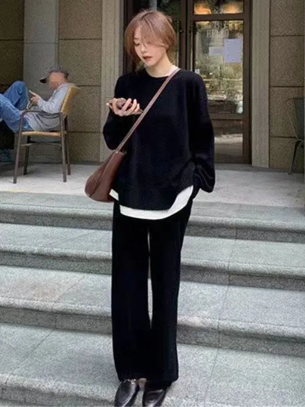 Casual Loose Solid Color Round-Neck Sweater Tops & Wide Leg Pants Suits