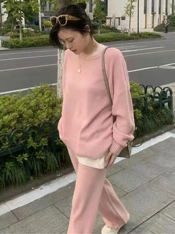 Casual Loose Solid Color Round-Neck Sweater Tops & Wide Leg Pants Suits