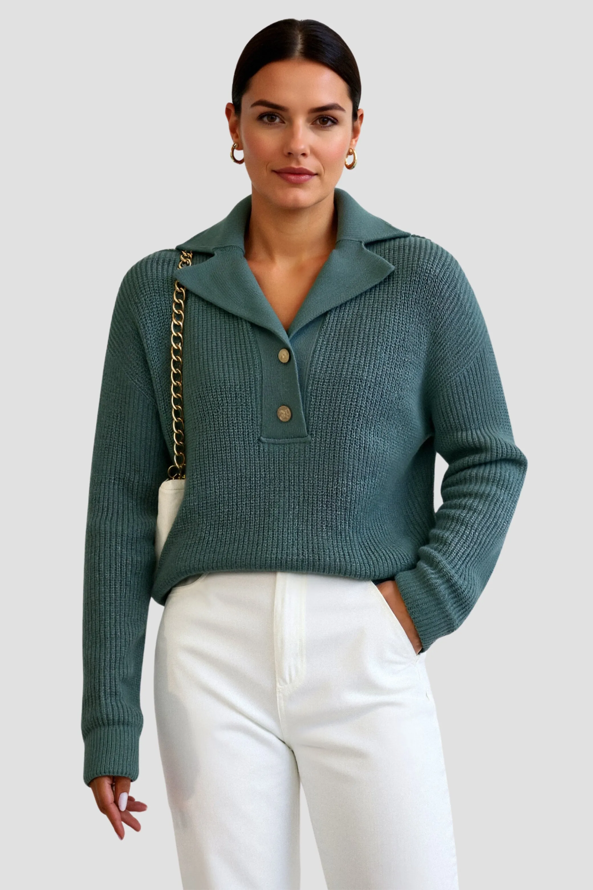 Chic Elegant Knit Sweater with Large Collar and Button Detail