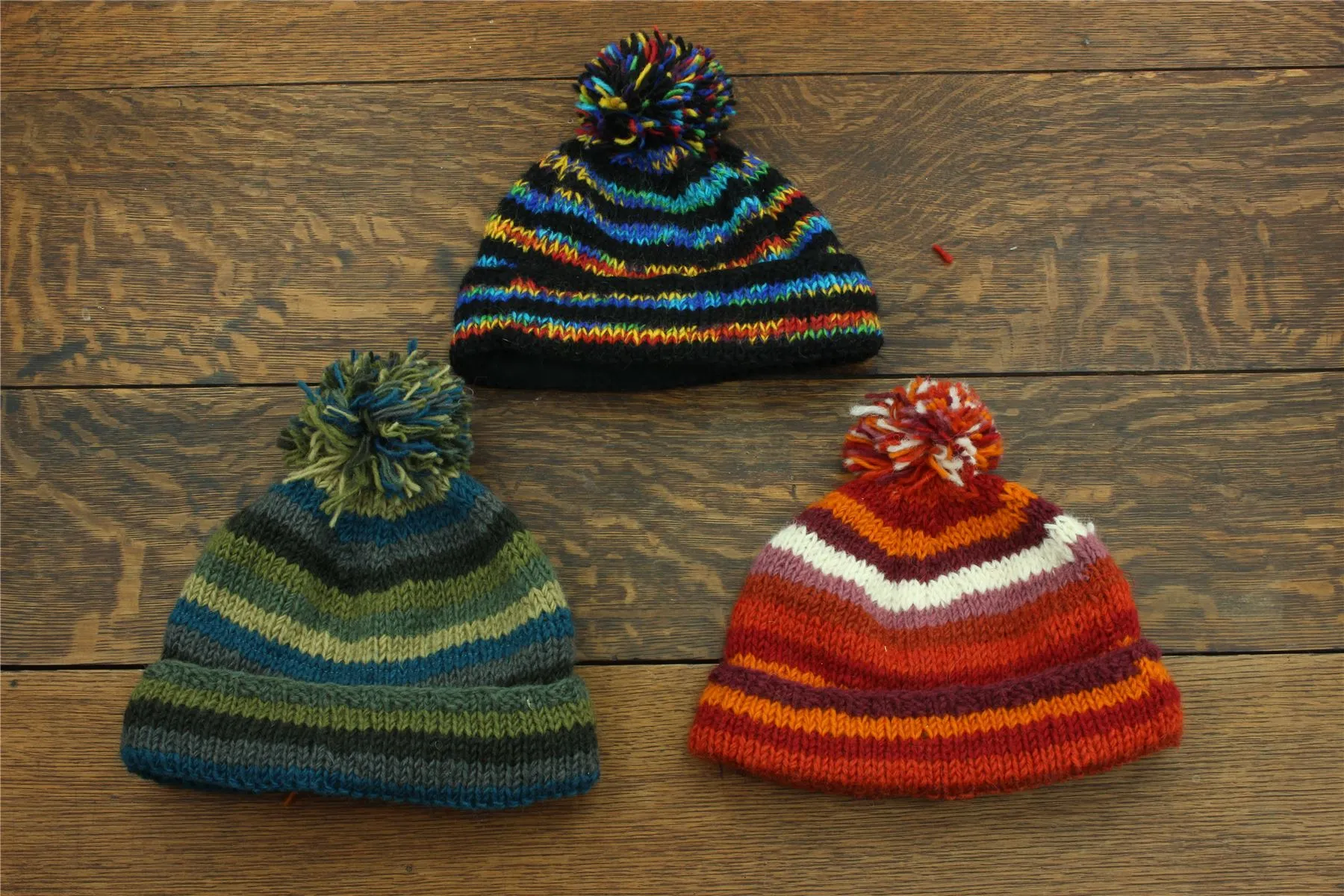 Chunky Wool Knit Beanie Bobble Hat - Stripe Rust