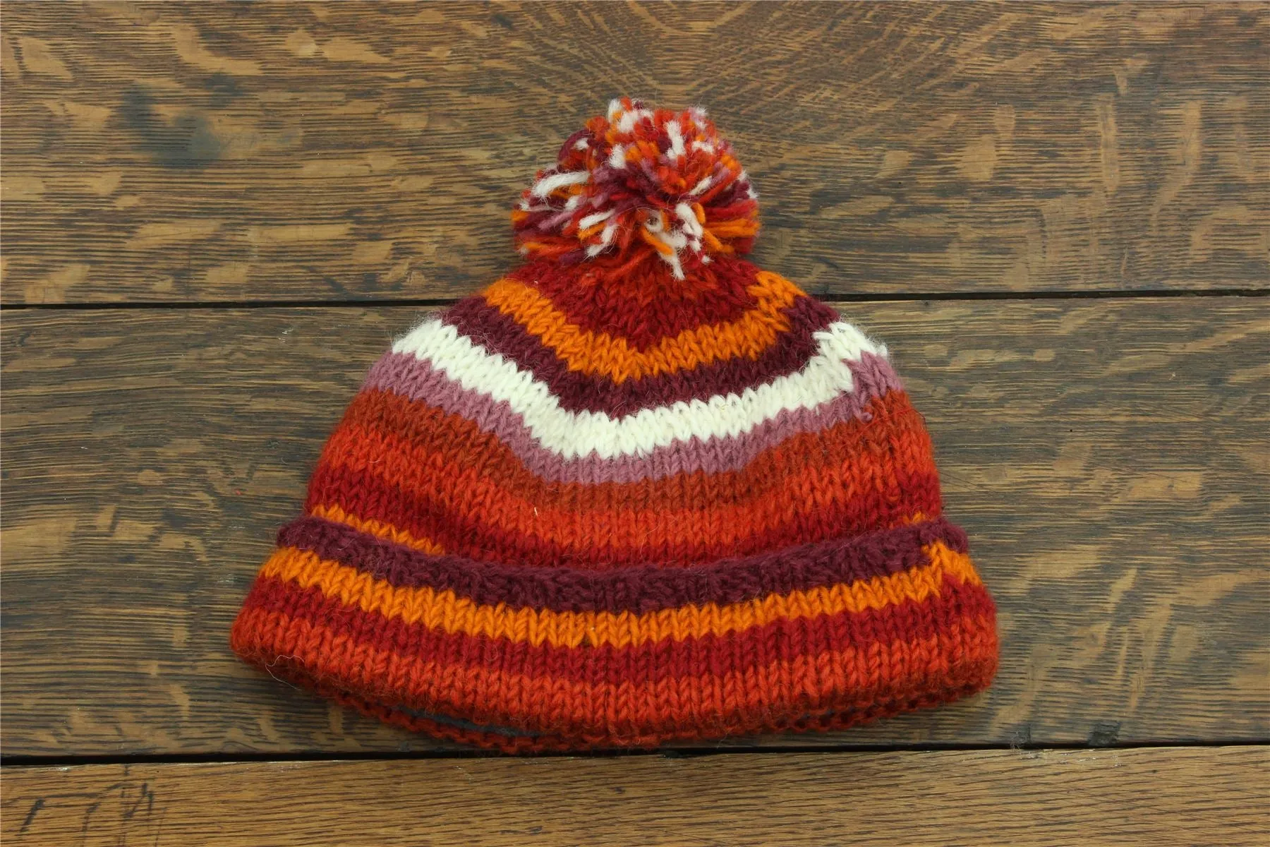 Chunky Wool Knit Beanie Bobble Hat - Stripe Rust