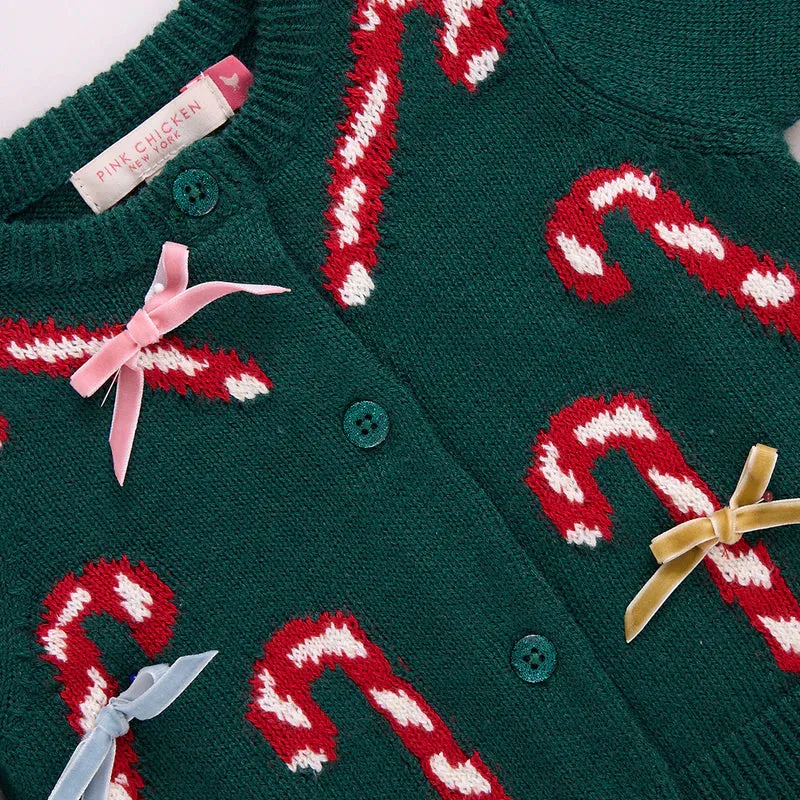 Constance Sweater, Green Candy Cane Bows