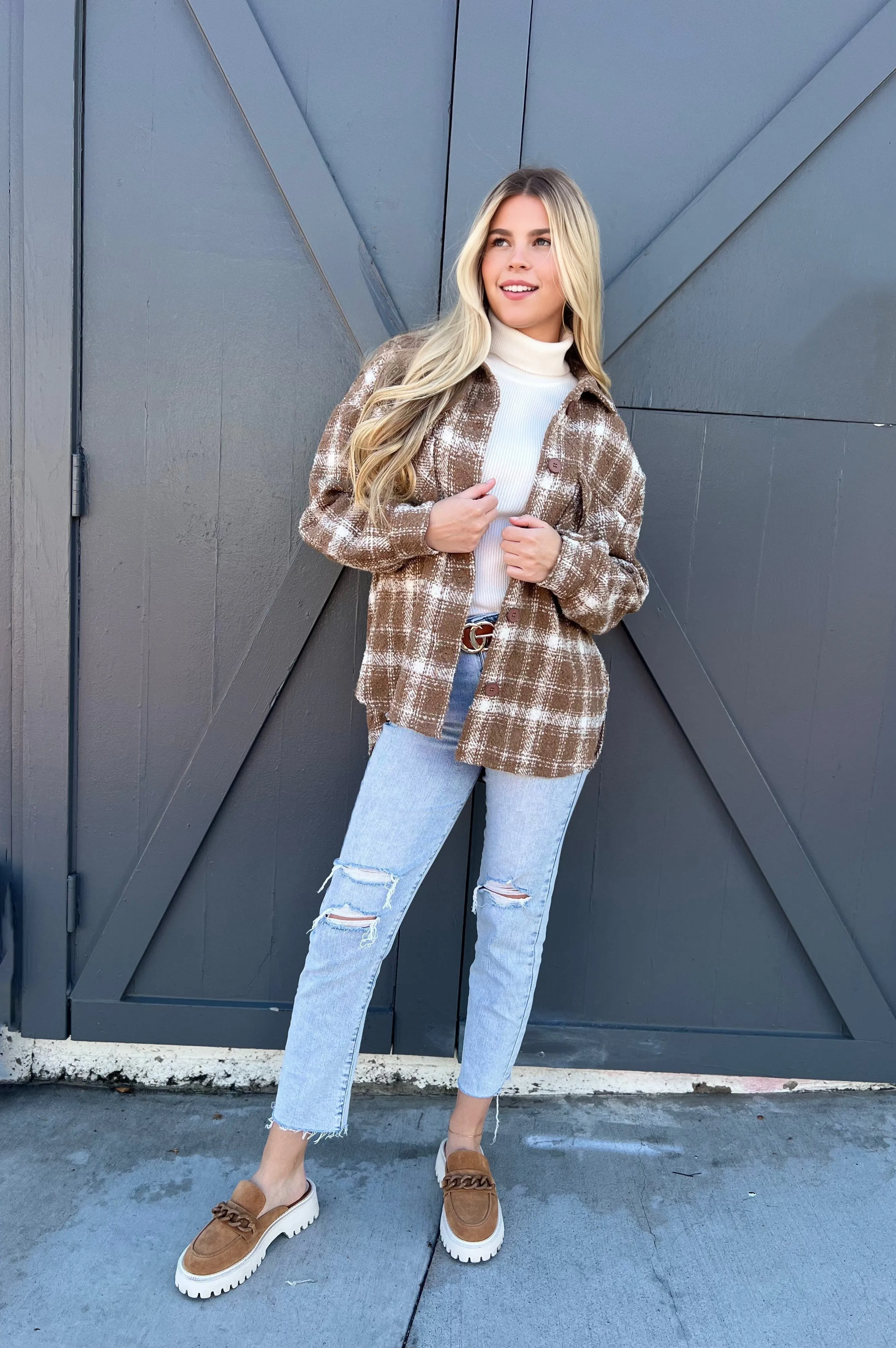 Cozy All Season Plaid Shacket Taupe/Cream