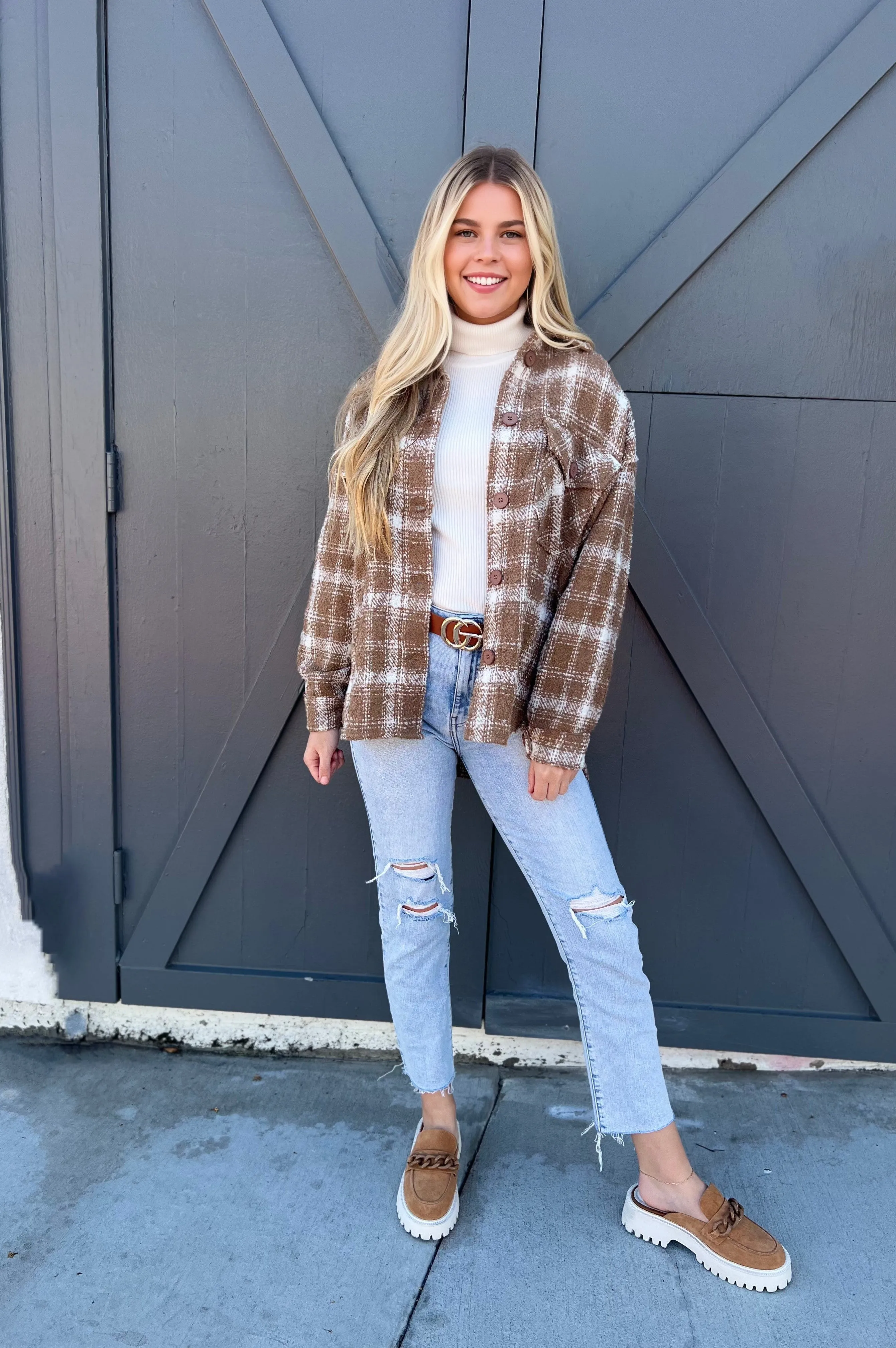 Cozy All Season Plaid Shacket Taupe/Cream