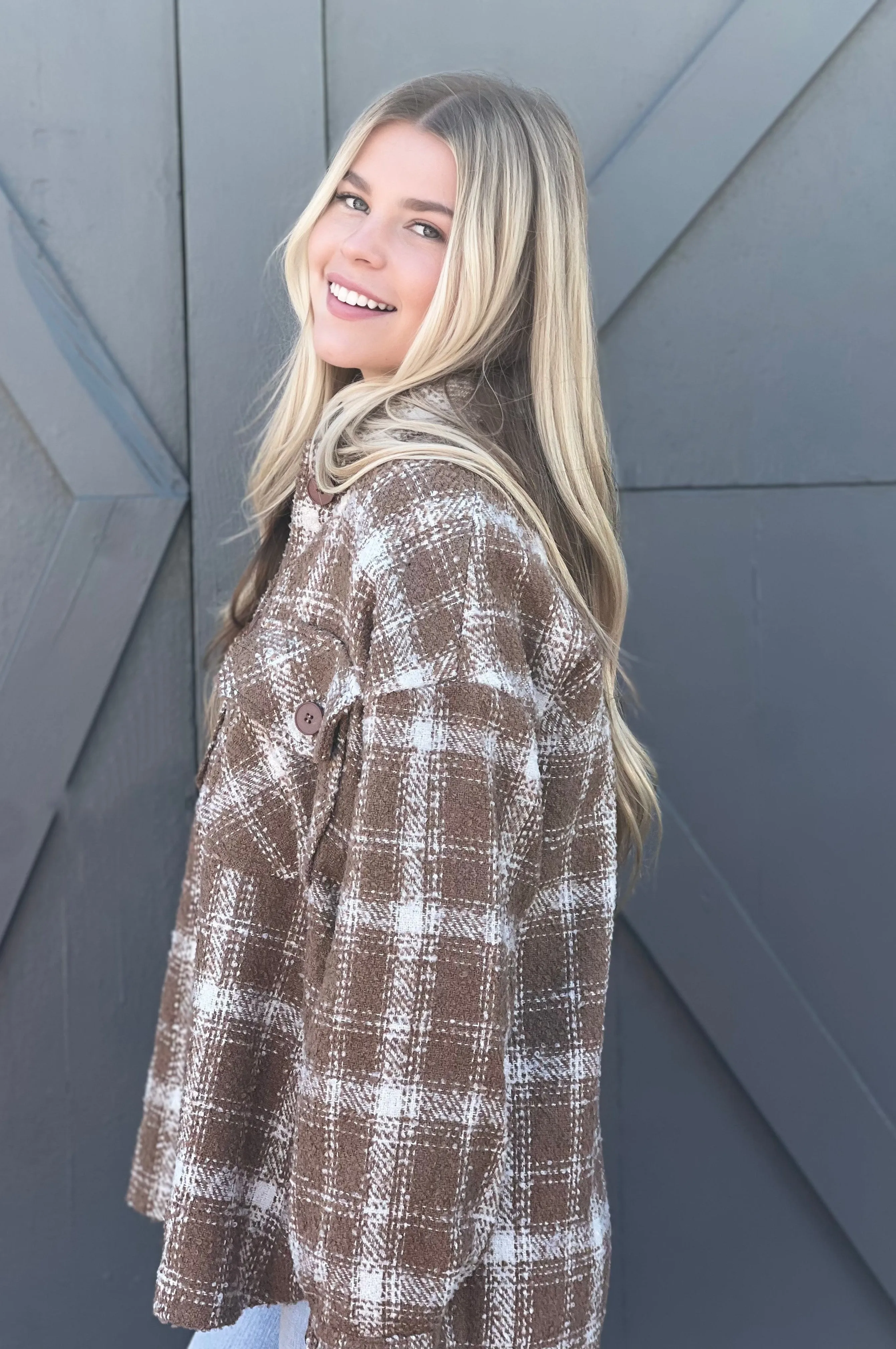 Cozy All Season Plaid Shacket Taupe/Cream