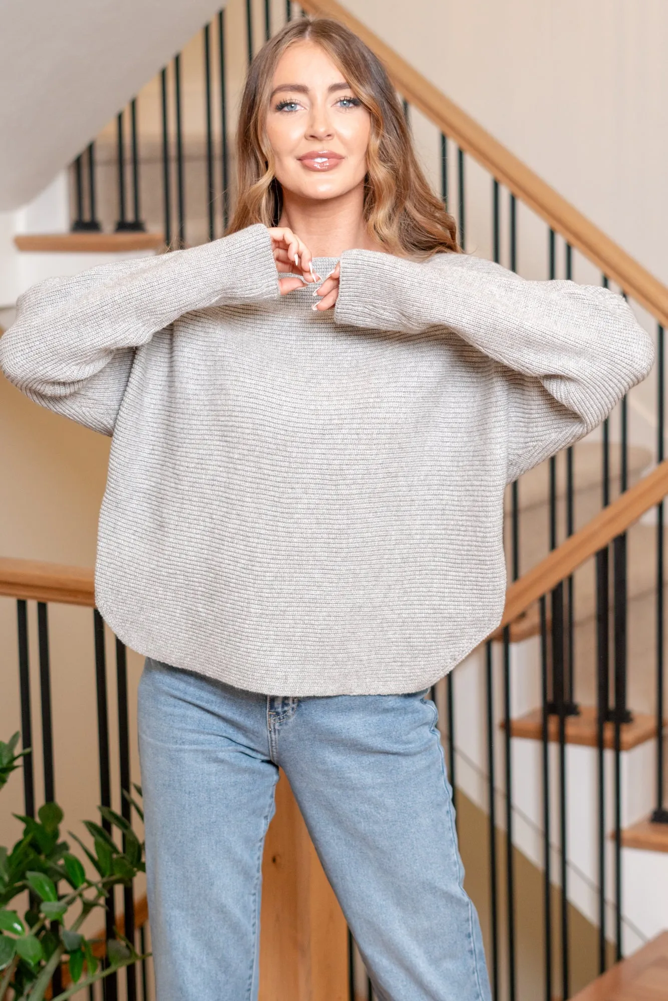 Criss Cross Front Rib Dolman Sweater - Grey