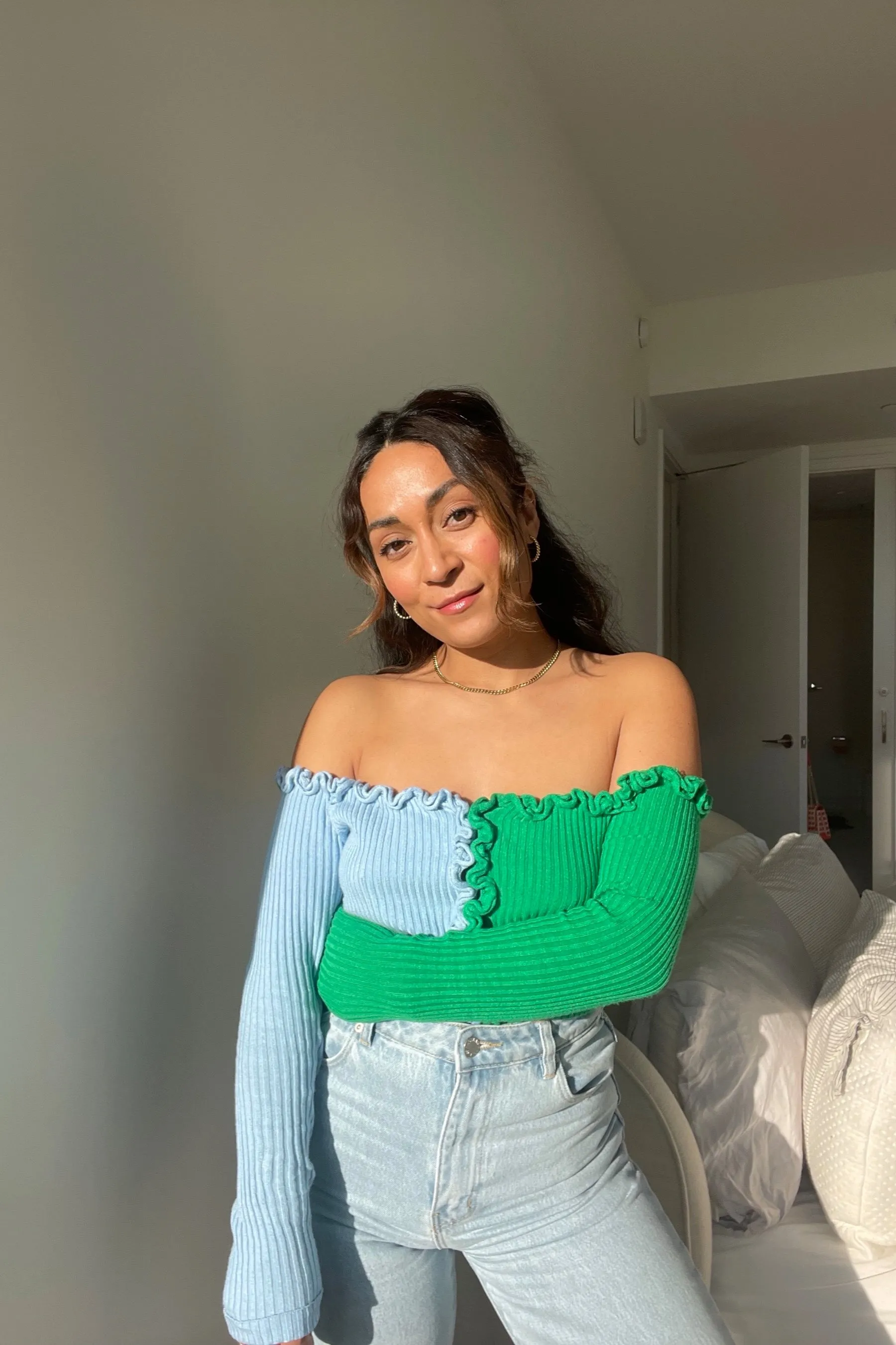 Emerald   Blue Charlie Off Shoulder Sweater