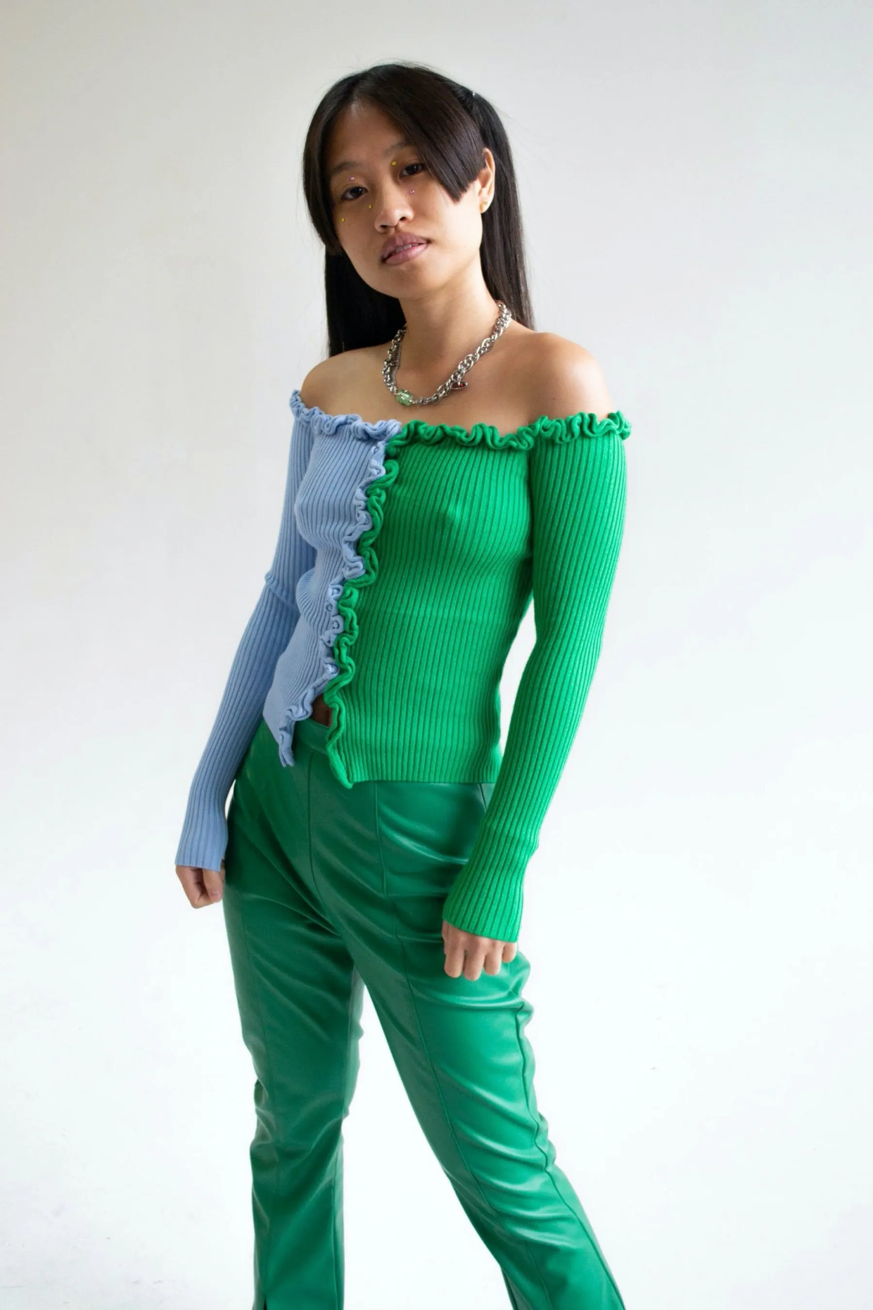 Emerald   Blue Charlie Off Shoulder Sweater