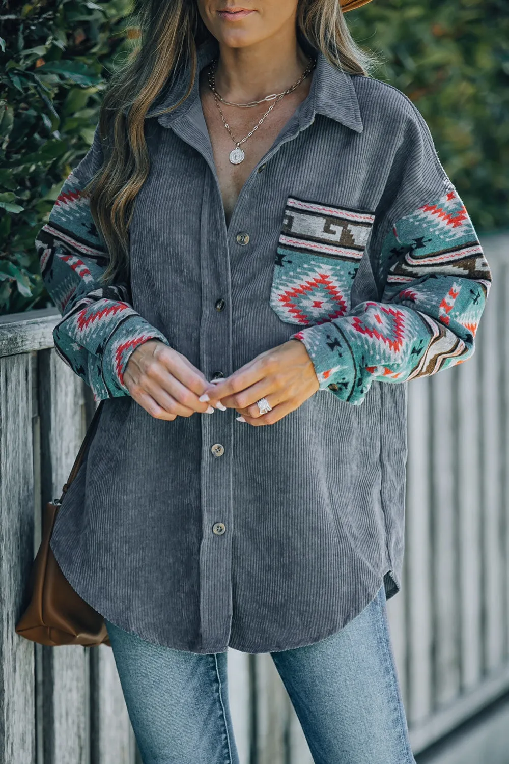 Geometric Button Up Dropped Shoulder Jacket Light Women's Jackets Boho Fashion