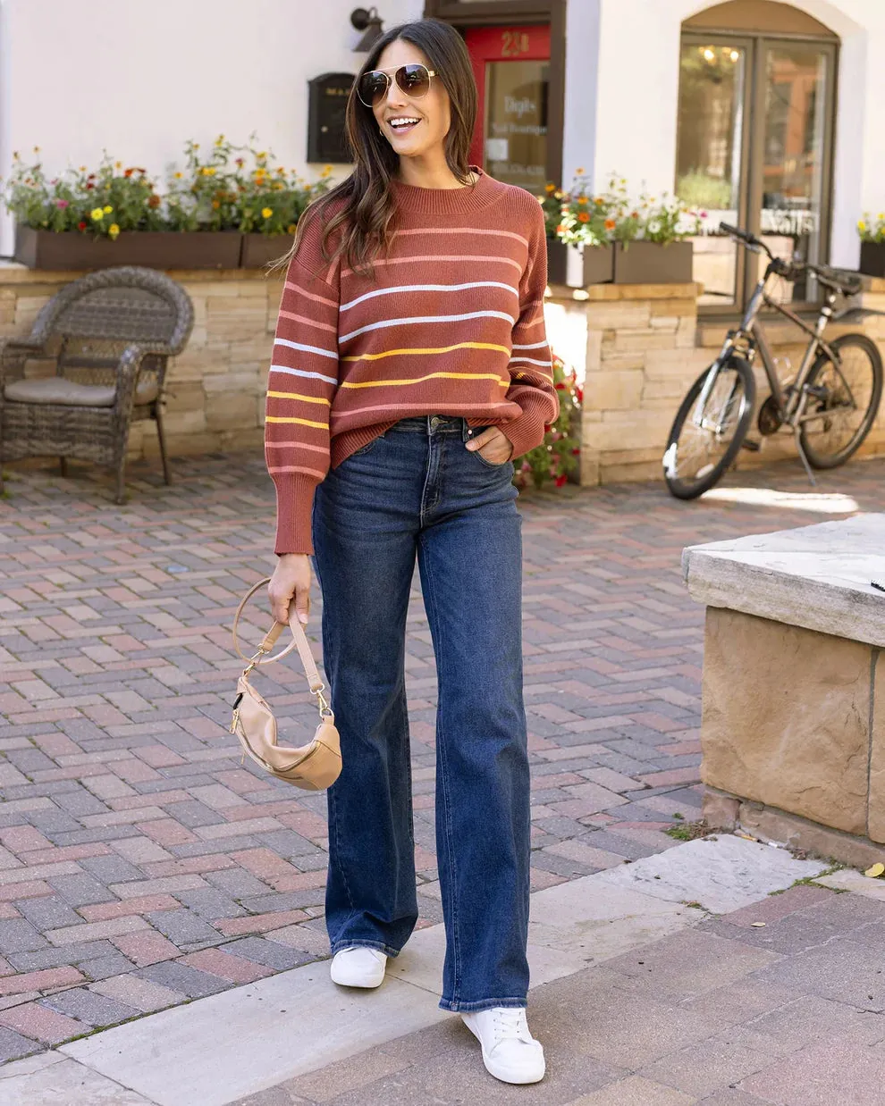 Grace & Lace Crew Neck Striped Sweater - Terracotta