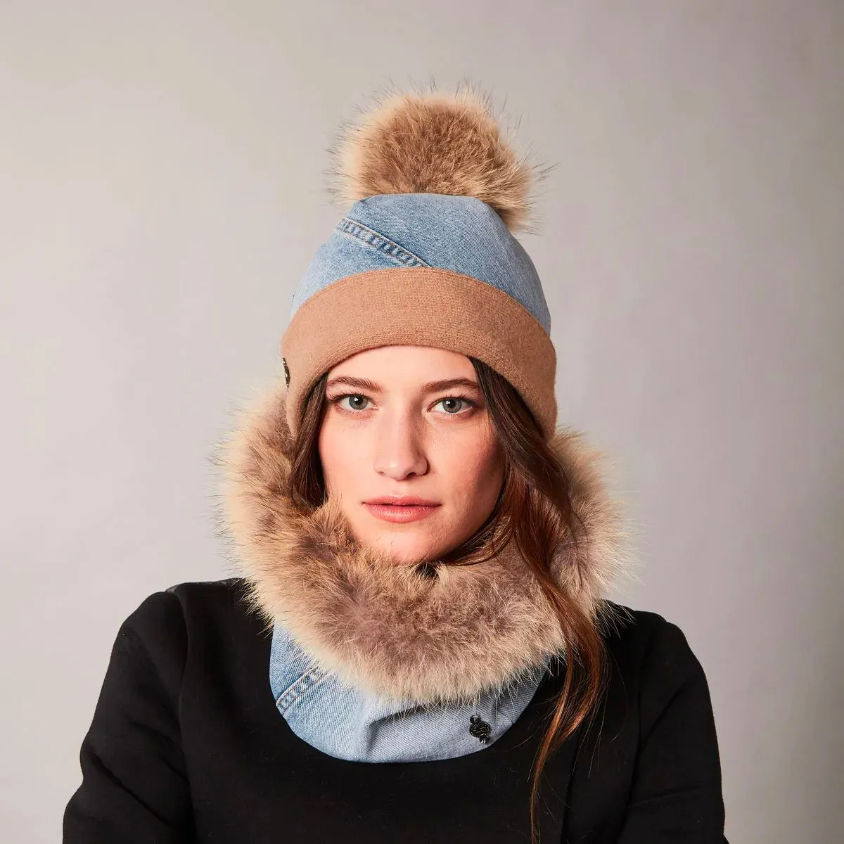 Harricana | Upcycled Jeans Beanie with Upcycled Fur Pom