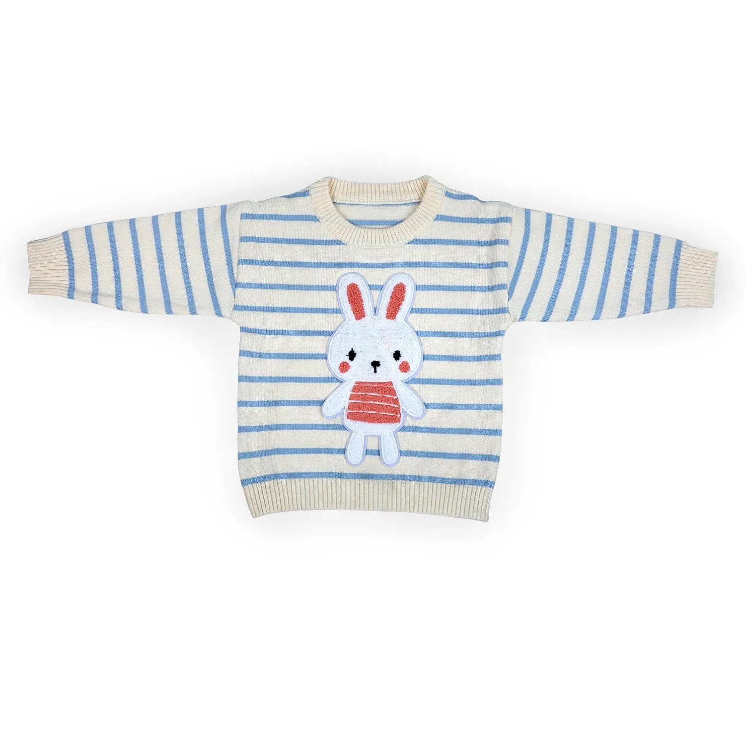 Hopping Rabbit Striped Premium Full Sleeves Knitted Sweater - Off White