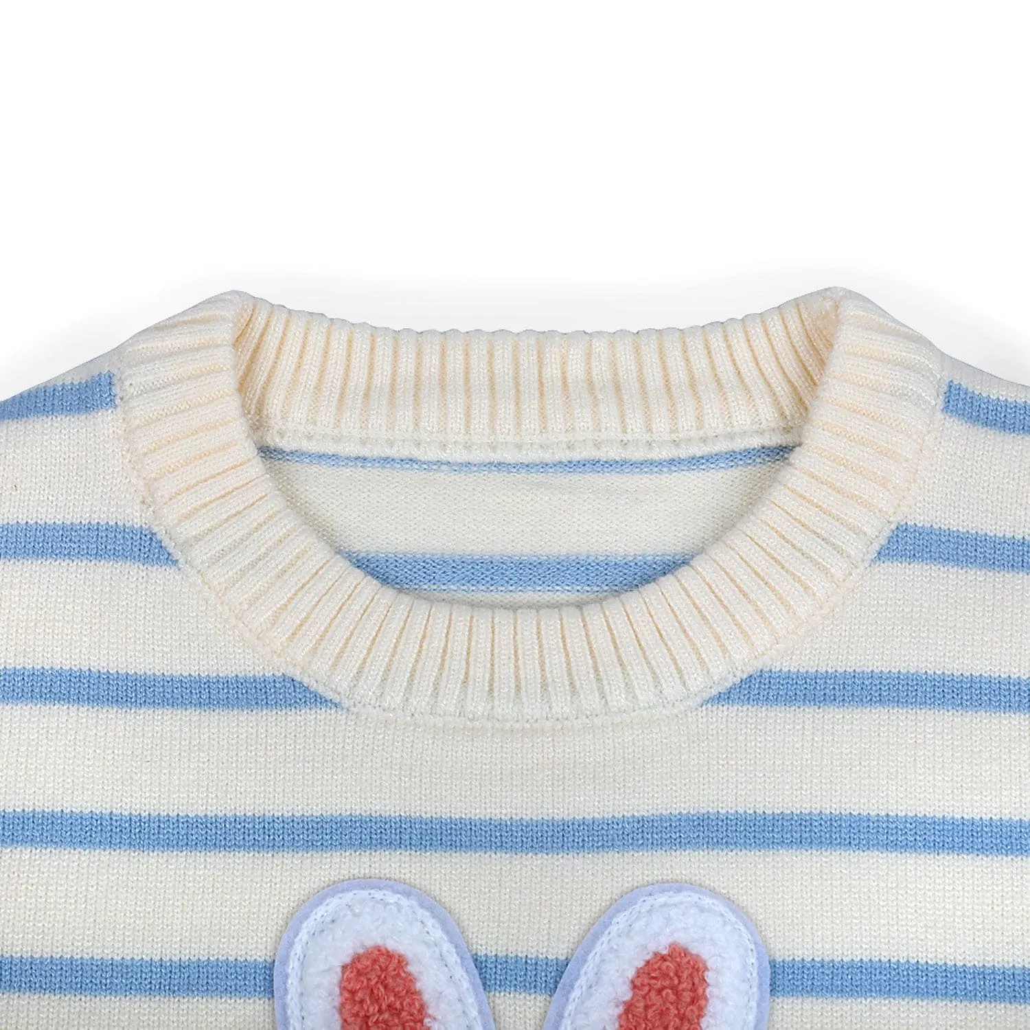 Hopping Rabbit Striped Premium Full Sleeves Knitted Sweater - Off White