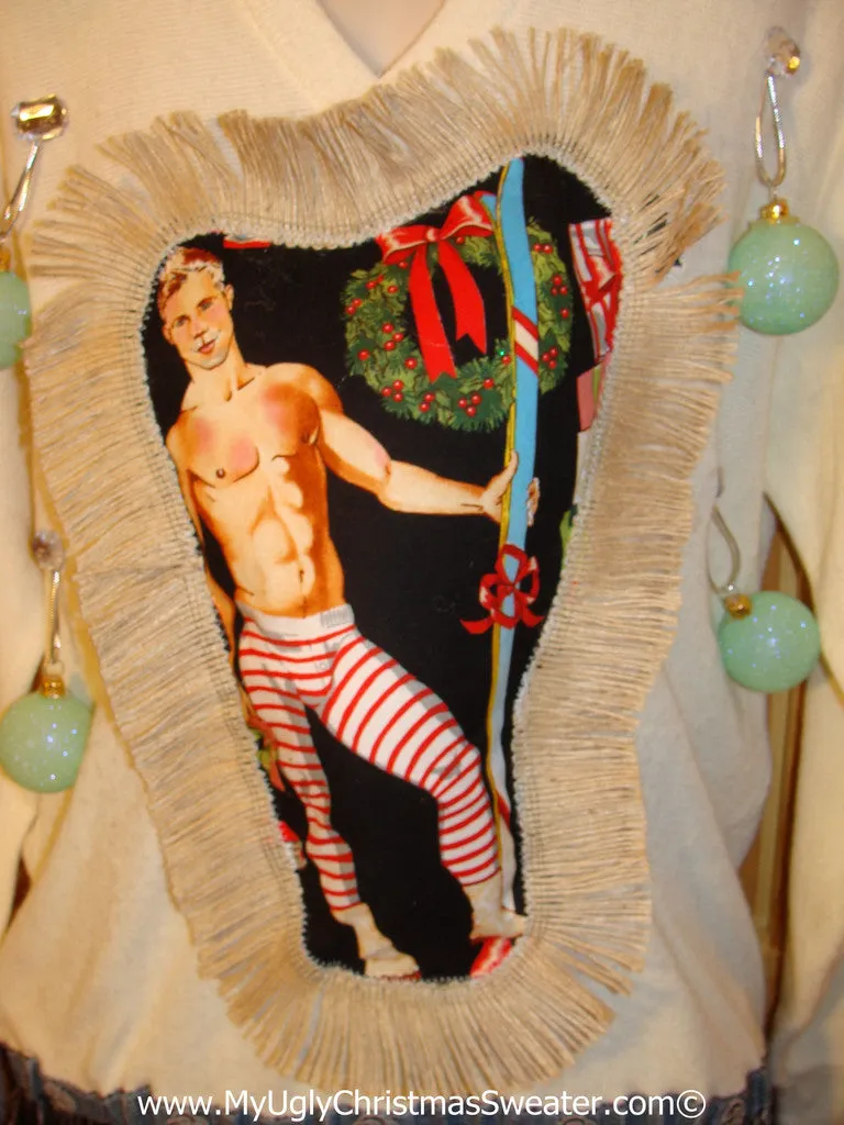 Hottie Guy Tacky Ugly Christmas Mens Sweater Dangling Fringe & 3D Ornaments (b24)