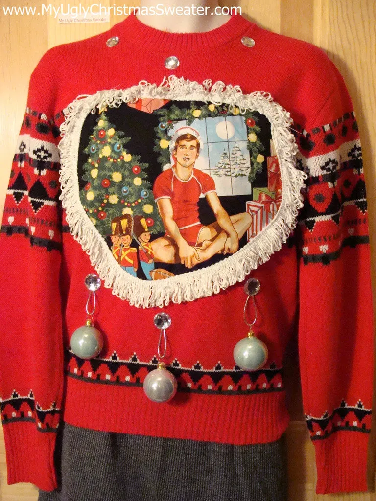 Hottie Guy Tacky Ugly Christmas Mens Sweater Dangling Fringe & 3D Ornaments (b8)