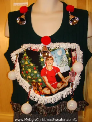 Hottie Guy Tacky Ugly Christmas Mens Sweater Vest Dangling Fringe & 3D Ornaments (b32)