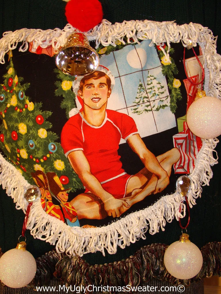 Hottie Guy Tacky Ugly Christmas Mens Sweater Vest Dangling Fringe & 3D Ornaments (b32)