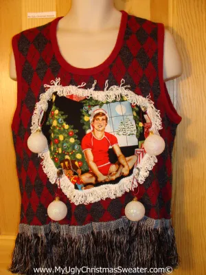 Hottie Guy Tacky Ugly Christmas Mens Sweater Vest Dangling Fringe & 3D Ornaments (b38)