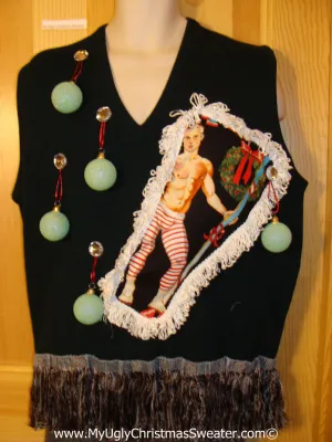 Hottie Guy Tacky Ugly Christmas Mens Sweater Vest Dangling Fringe & 3D Ornaments (b41)