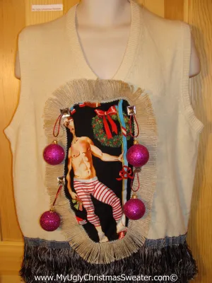 Hottie Guy Tacky Ugly Christmas Mens Sweater Vest Dangling Fringe & 3D Ornaments (b43)