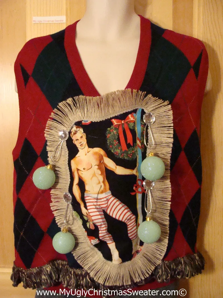 Hottie Guy Tacky Ugly Christmas Mens Sweater Vest Dangling Fringe & 3D Ornaments (b46)