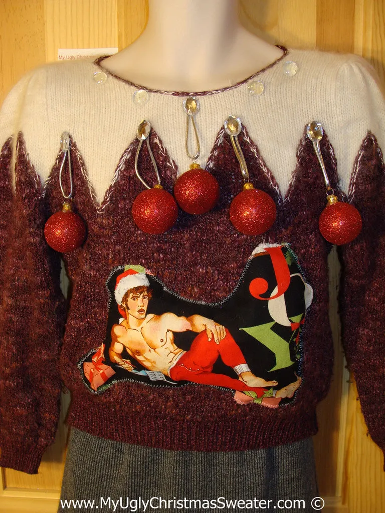 Hottie Guy Tacky Ugly Christmas Sweater 80s Style with Puffy Shoulders 3D Ornaments (b61)